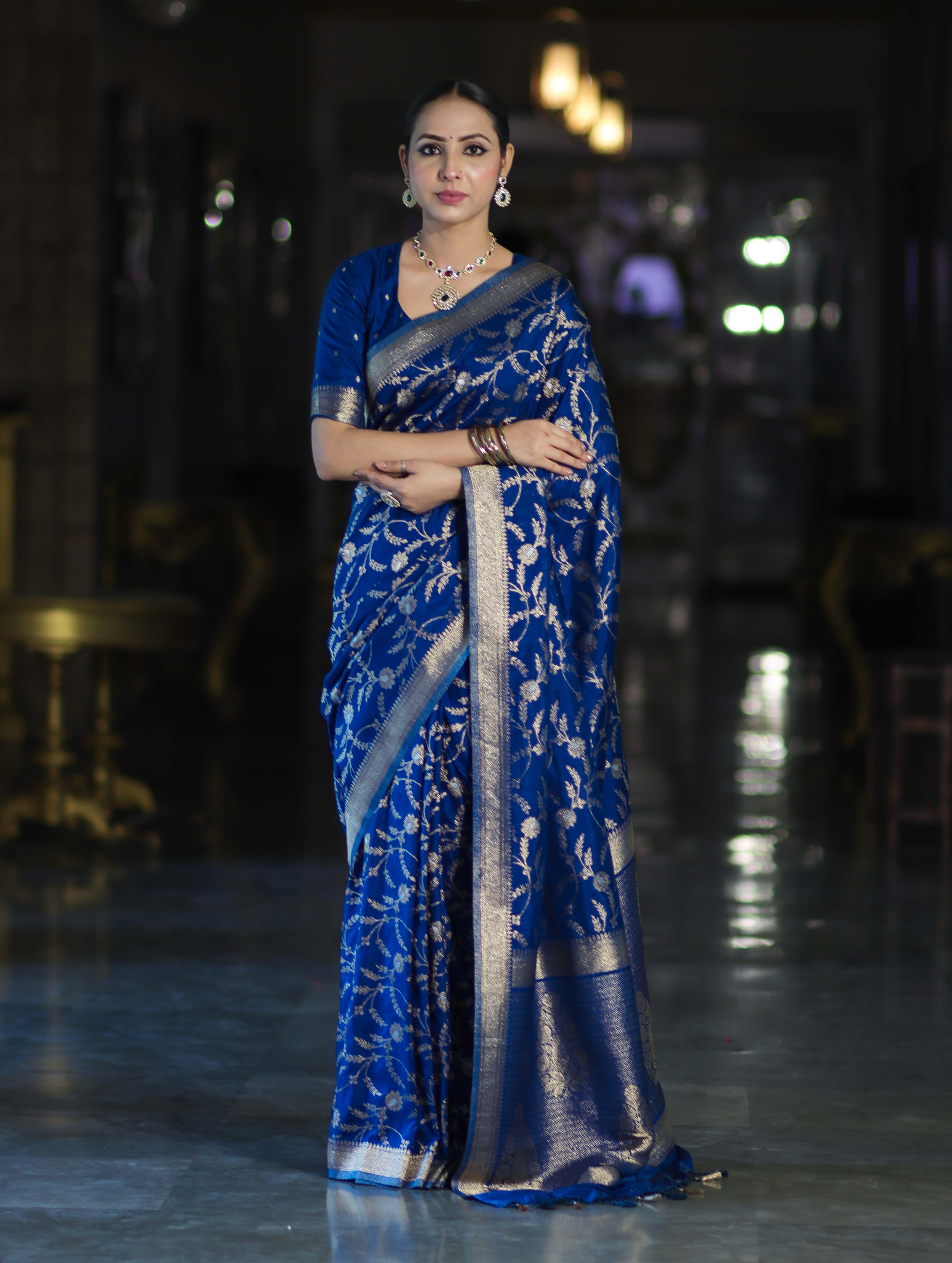 Banarasee Handloom Semi Silk Saree With Sona Rupa Zari Work & Border-Blue