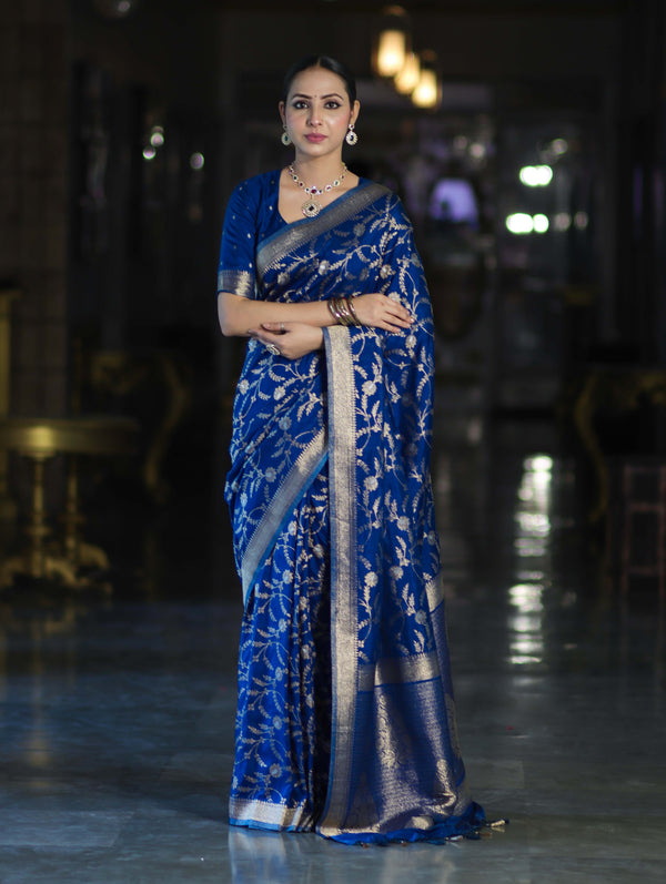 Banarasee Handloom Semi Silk Saree With Sona Rupa Zari Work & Border-Blue