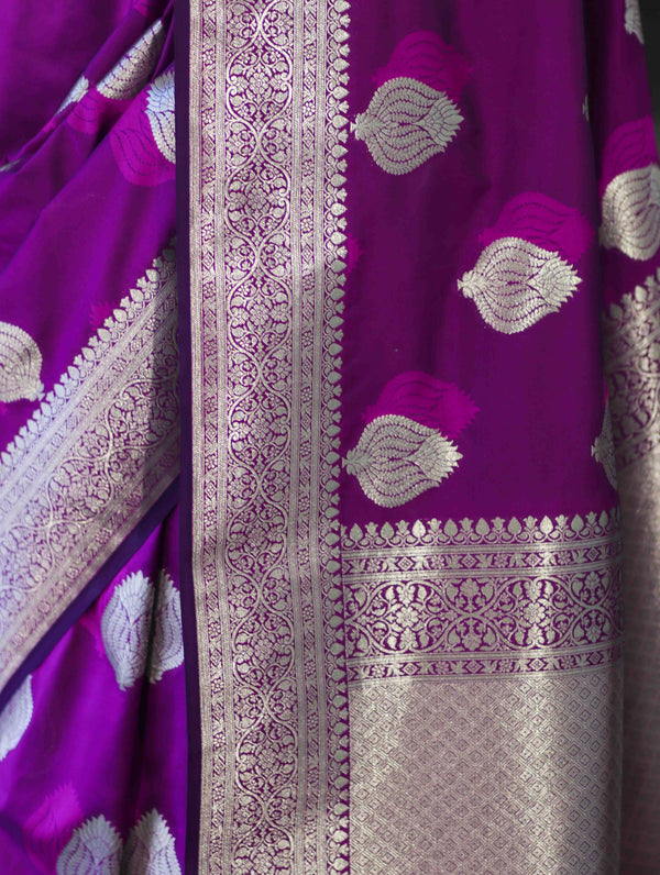 Banarasee Handloom Semi Katan Saree With Floral Buta Design & Border-Violet