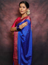 Banarasee Handwoven Semi Silk Plain Saree With Zari Contrast Border-Blue & Pink