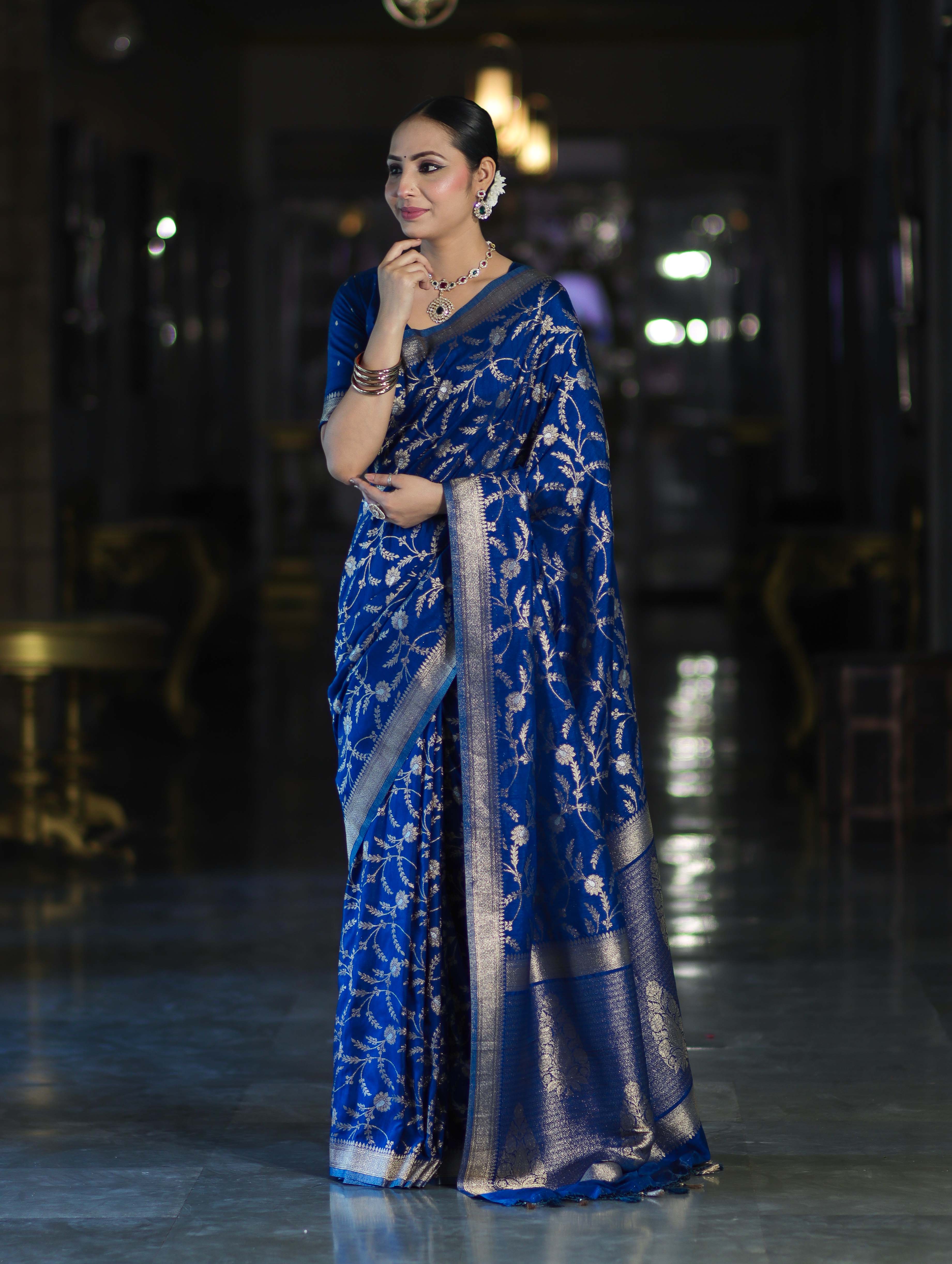 Banarasee Handloom Semi Silk Saree With Sona Rupa Zari Work & Border-Blue