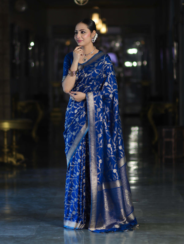 Banarasee Handloom Semi Silk Saree With Sona Rupa Zari Work & Border-Blue