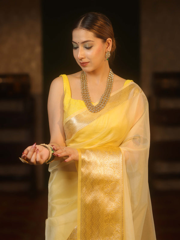 Banarasee Organza Dual Color Plain Saree With Zari Border Design-Yellow
