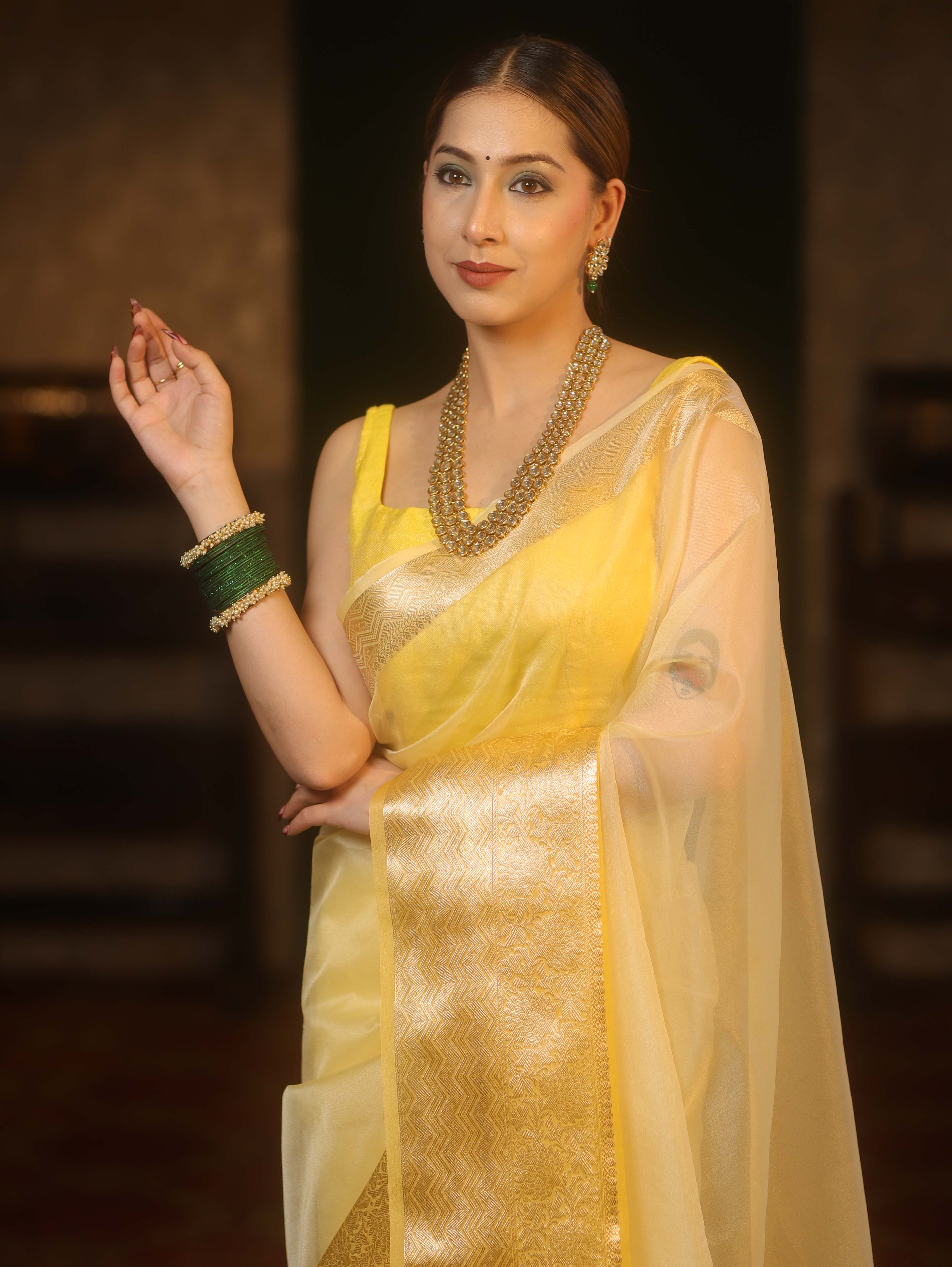 Banarasee Organza Dual Color Plain Saree With Zari Border Design-Yellow