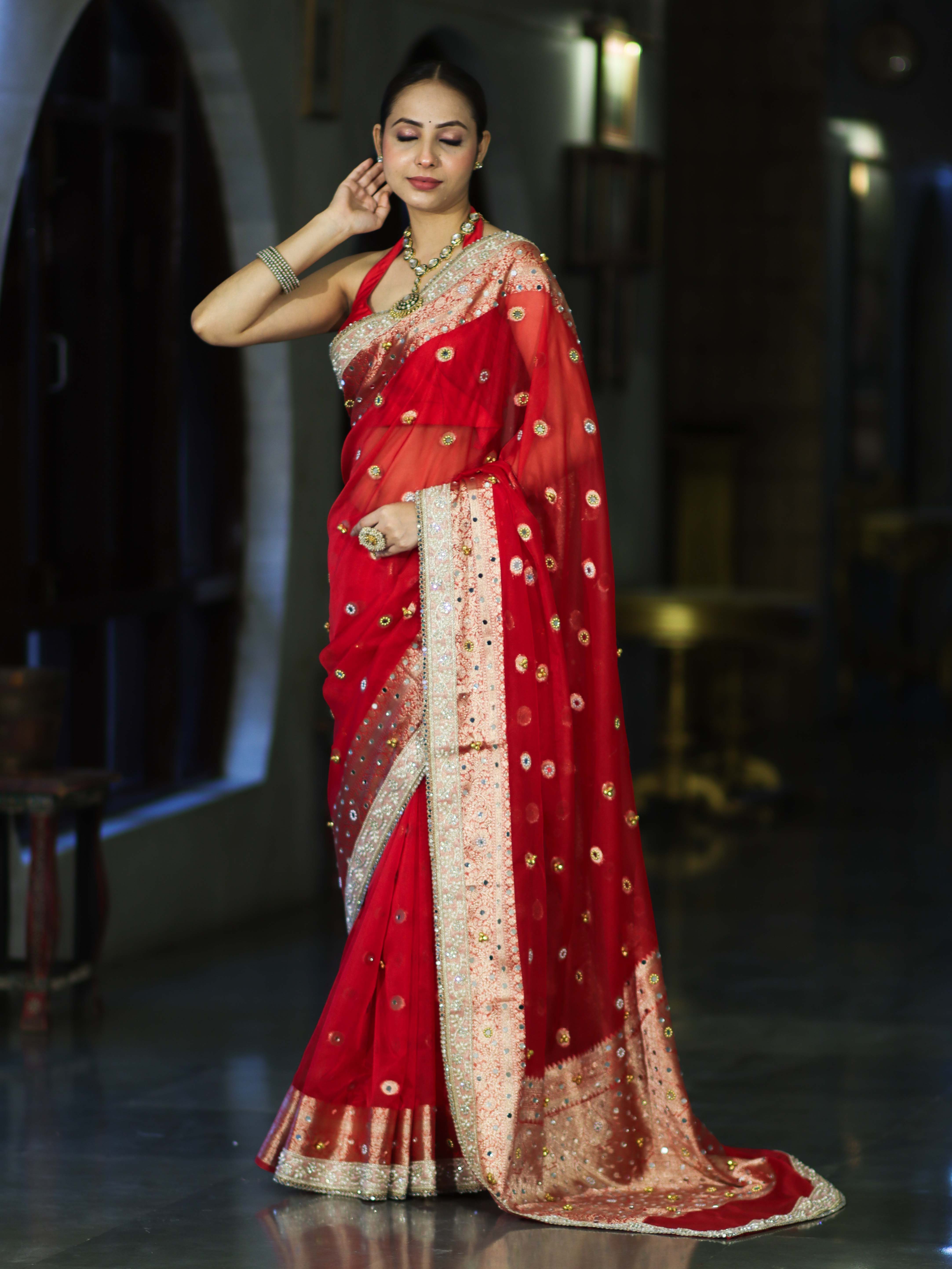 Banarasee Chiffon Hand Embroidered Saree With Mirror & Ghungroo Work-Red