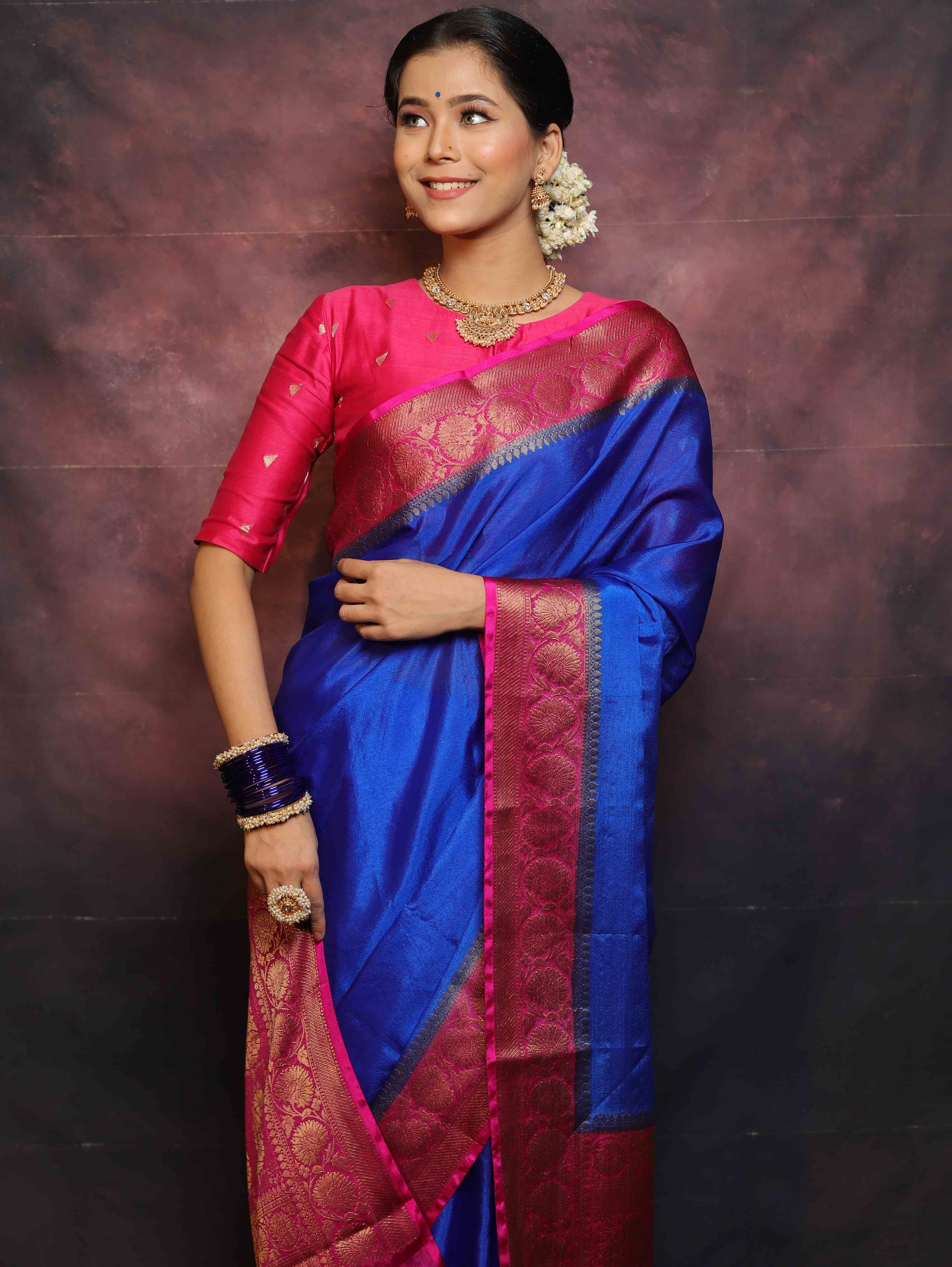 Banarasee Handwoven Semi Silk Plain Saree With Zari Contrast Border-Blue & Pink