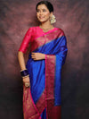 Banarasee Handwoven Semi Silk Plain Saree With Zari Contrast Border-Blue & Pink