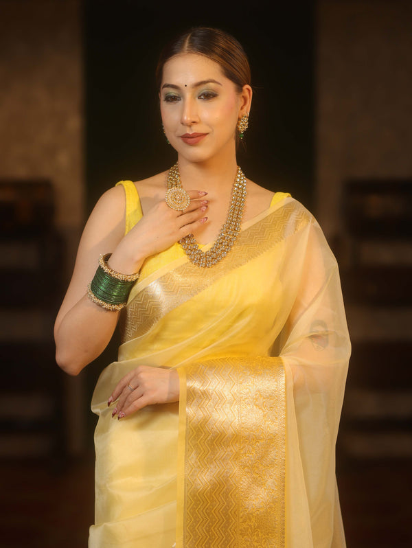 Banarasee Organza Dual Color Plain Saree With Zari Border Design-Yellow