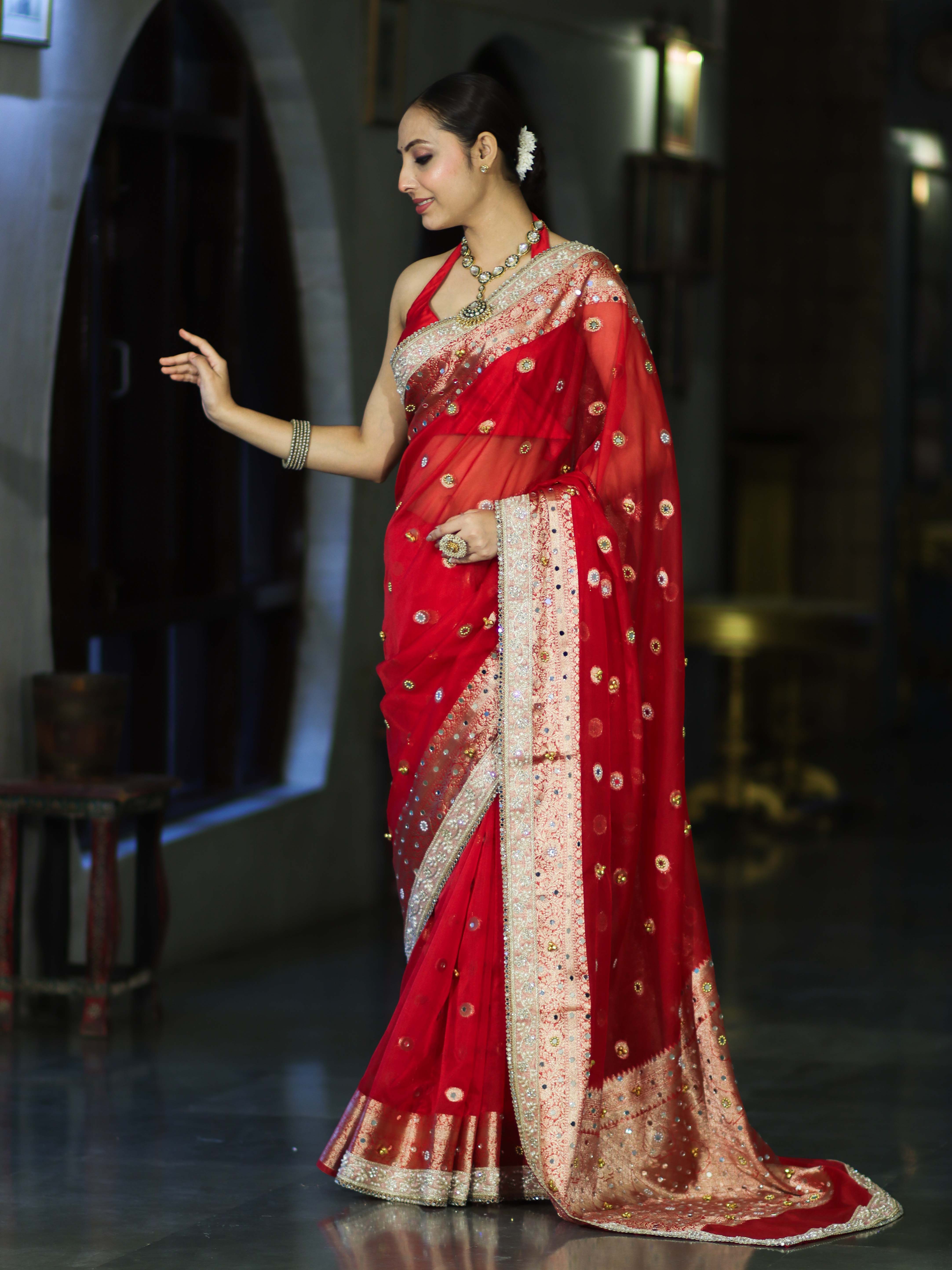 Banarasee Chiffon Hand Embroidered Saree With Mirror & Ghungroo Work-Red