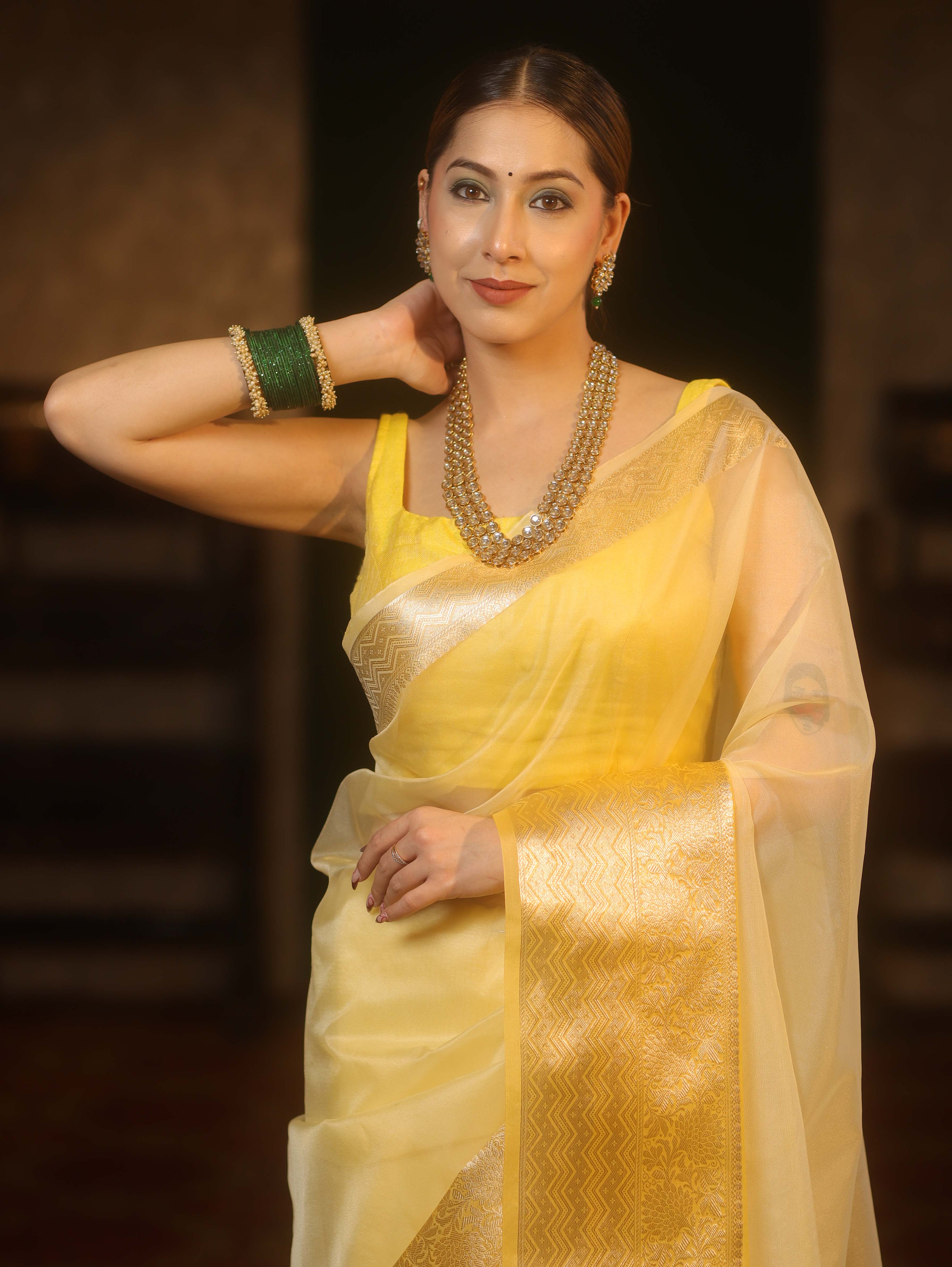 Banarasee Organza Dual Color Plain Saree With Zari Border Design-Yellow