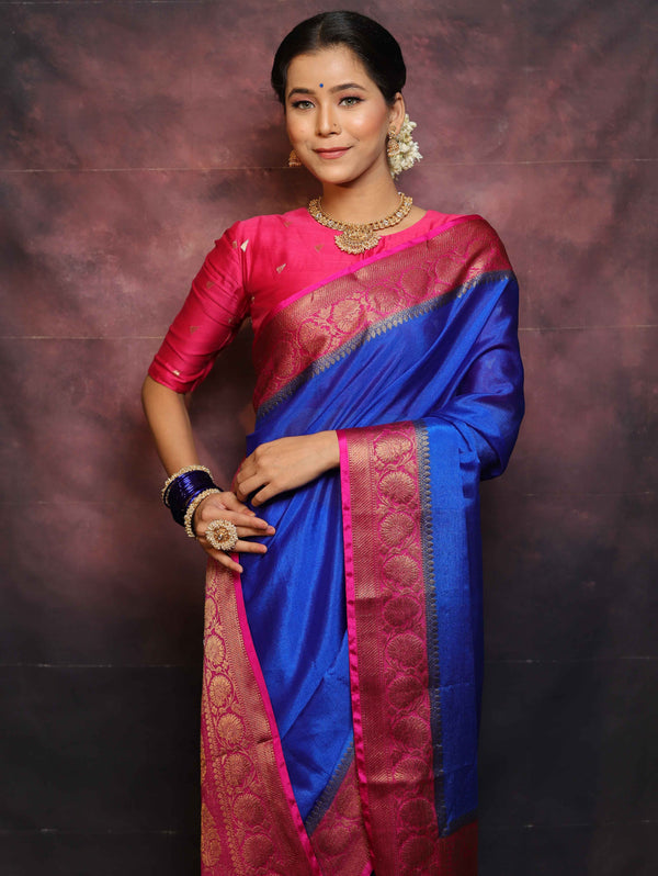 Banarasee Handwoven Semi Silk Plain Saree With Zari Contrast Border-Blue & Pink