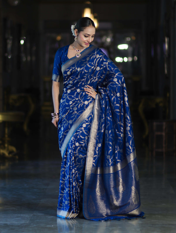 Banarasee Handloom Semi Silk Saree With Sona Rupa Zari Work & Border-Blue