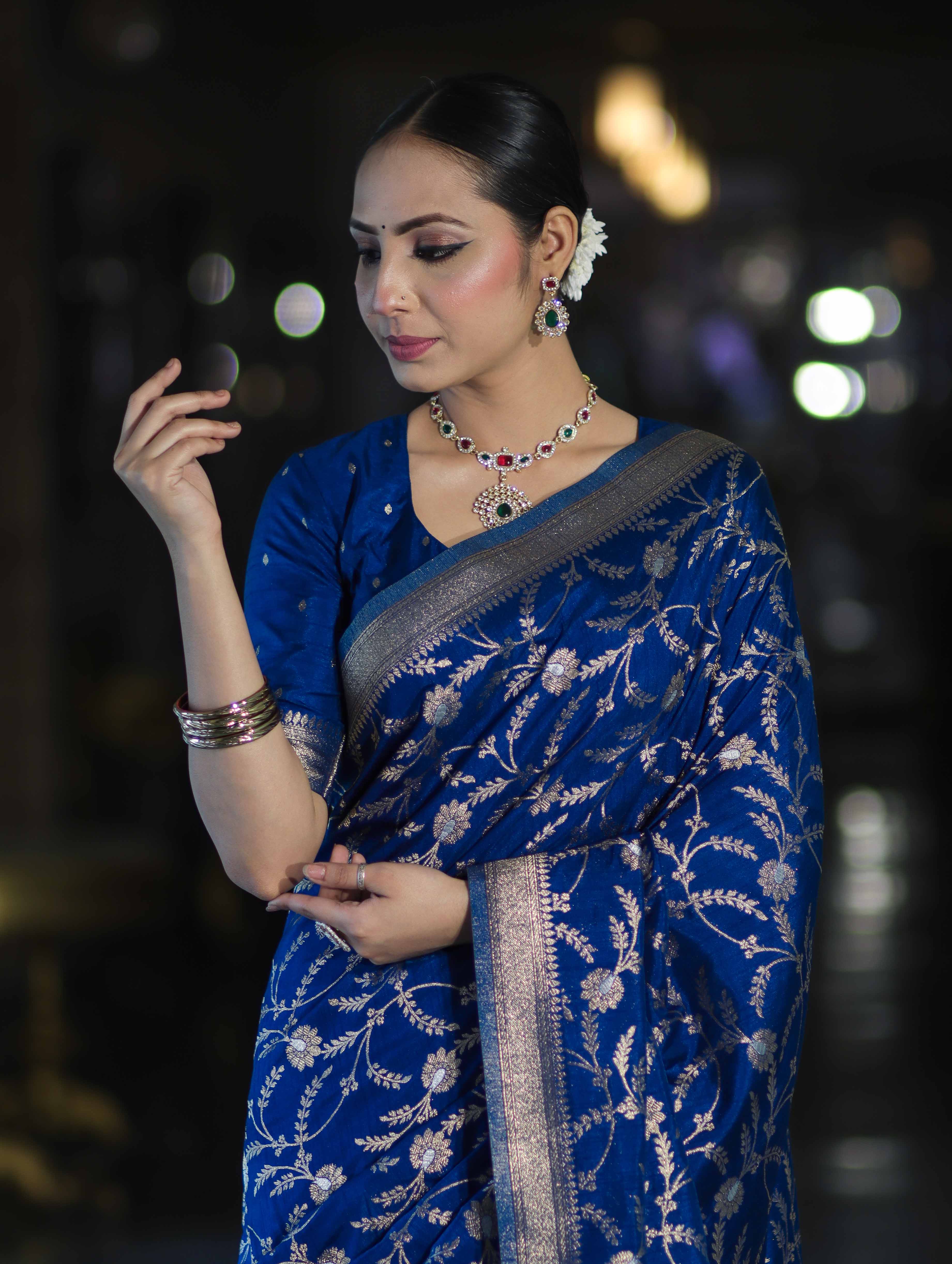 Banarasee Handloom Semi Silk Saree With Sona Rupa Zari Work & Border-Blue