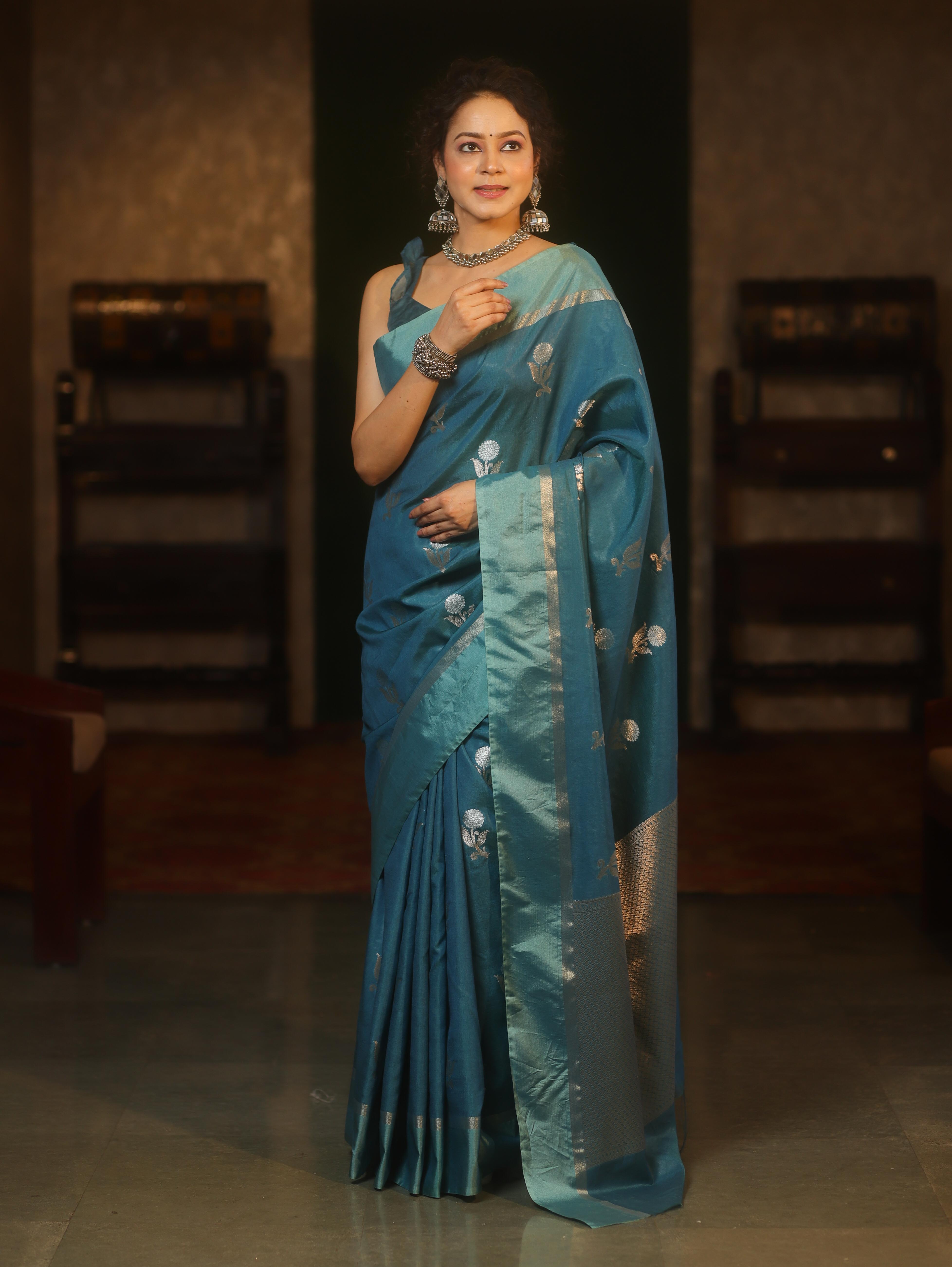 Banarasee Handwoven Semi Silk Saree With Sona Rupa Zari Buti Design-Cobalt Blue