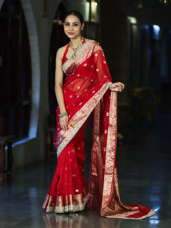 Banarasee Chiffon Hand Embroidered Saree With Mirror & Ghungroo Work-Red
