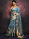 Banarasee Handwoven Plain Tissue Skirt Border Saree-Blue