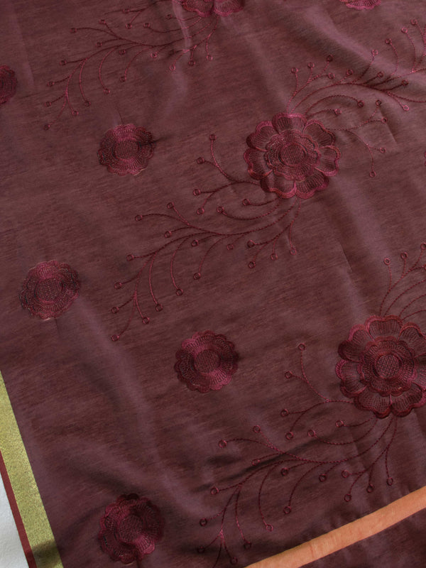 Banarasee Cotton Silk Embroidered Floral Design Dupatta-Wine