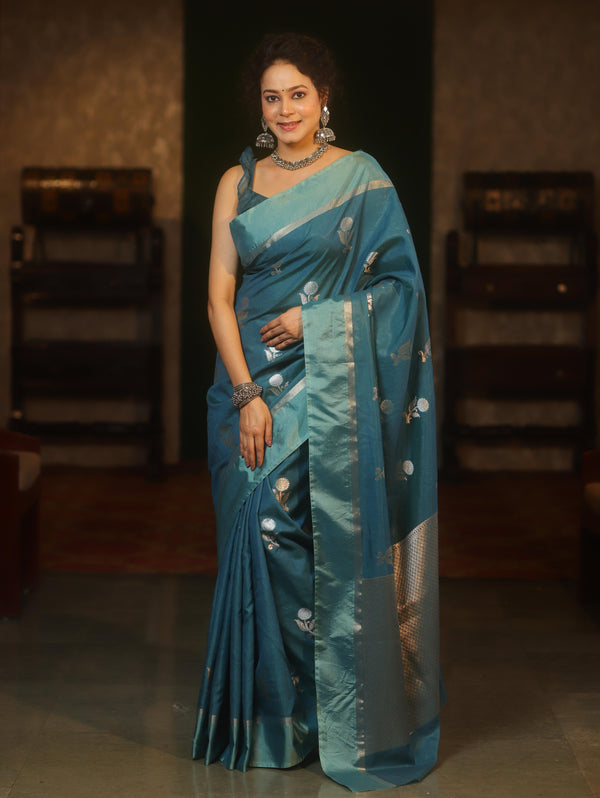 Banarasee Handwoven Semi Silk Saree With Sona Rupa Zari Buti Design-Cobalt Blue