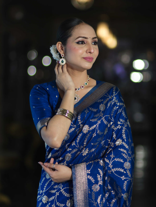 Banarasee Handloom Semi Silk Saree With Sona Rupa Zari Work & Border-Blue