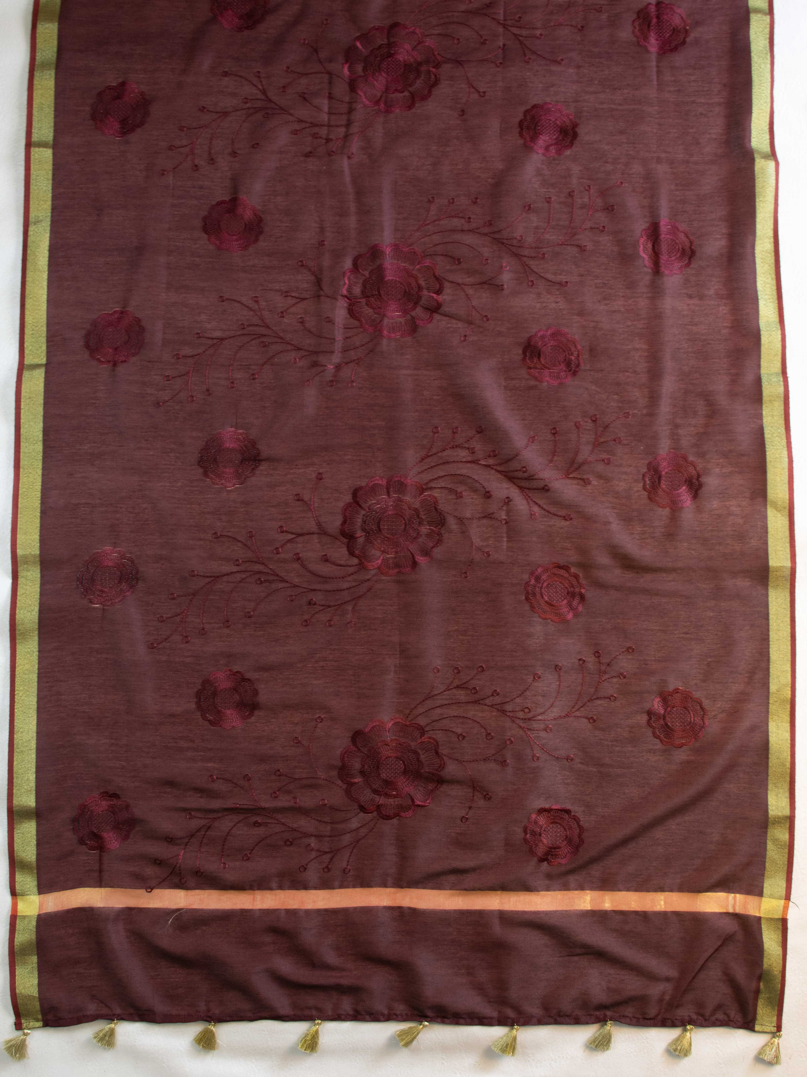 Banarasee Cotton Silk Embroidered Floral Design Dupatta-Wine