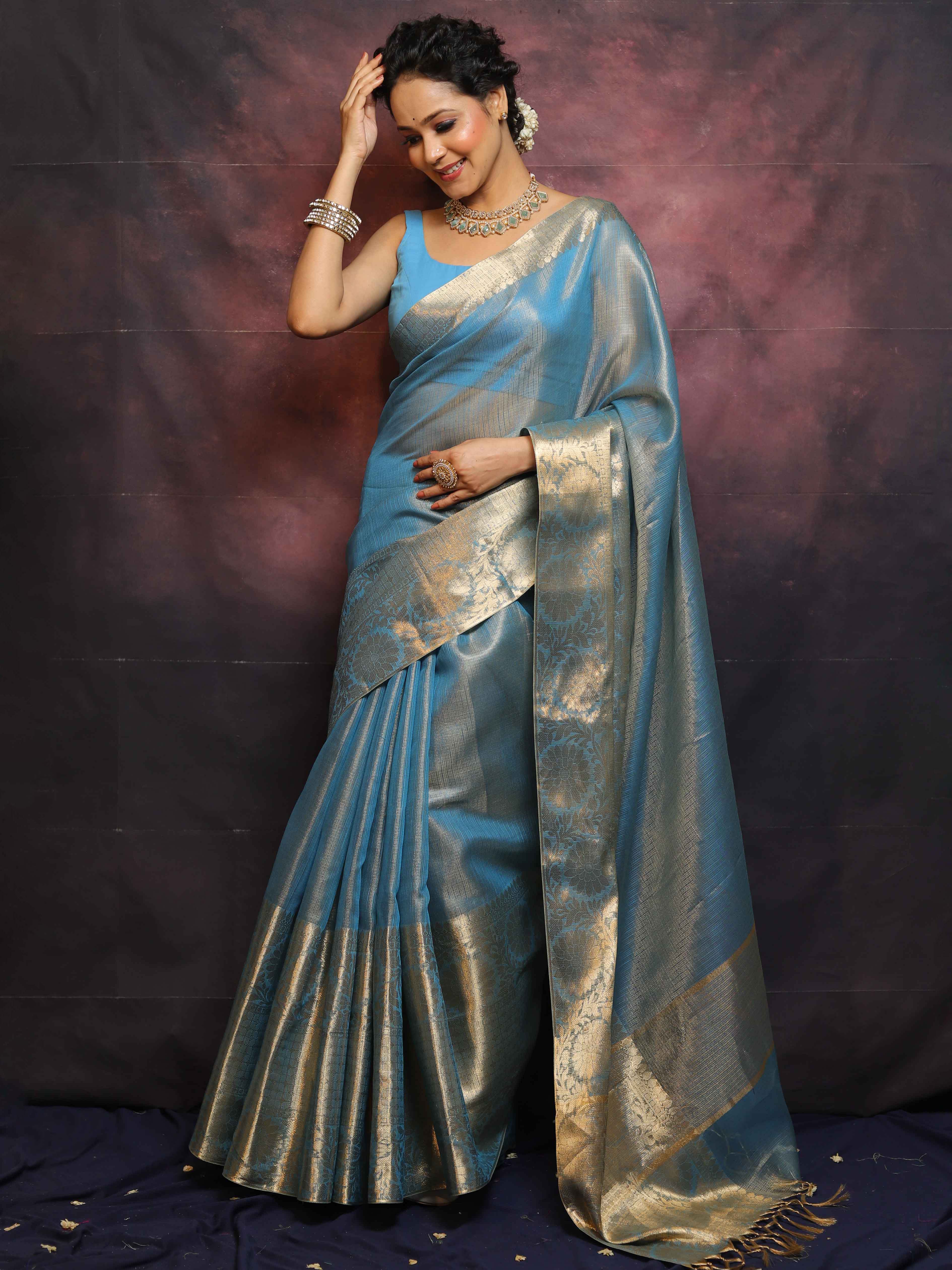 Banarasee Handwoven Plain Tissue Skirt Border Saree-Blue
