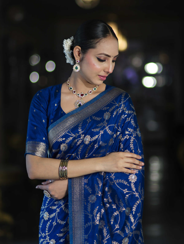 Banarasee Handloom Semi Silk Saree With Sona Rupa Zari Work & Border-Blue