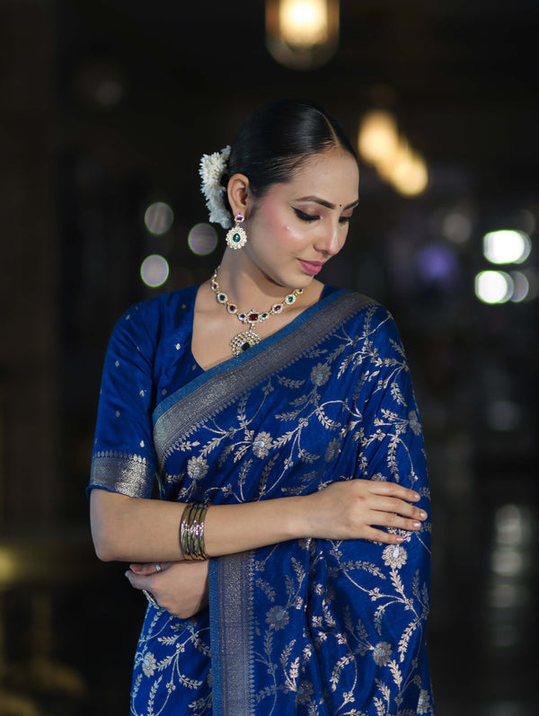 Banarasee Handloom Semi Silk Saree With Sona Rupa Zari Work & Border-Blue