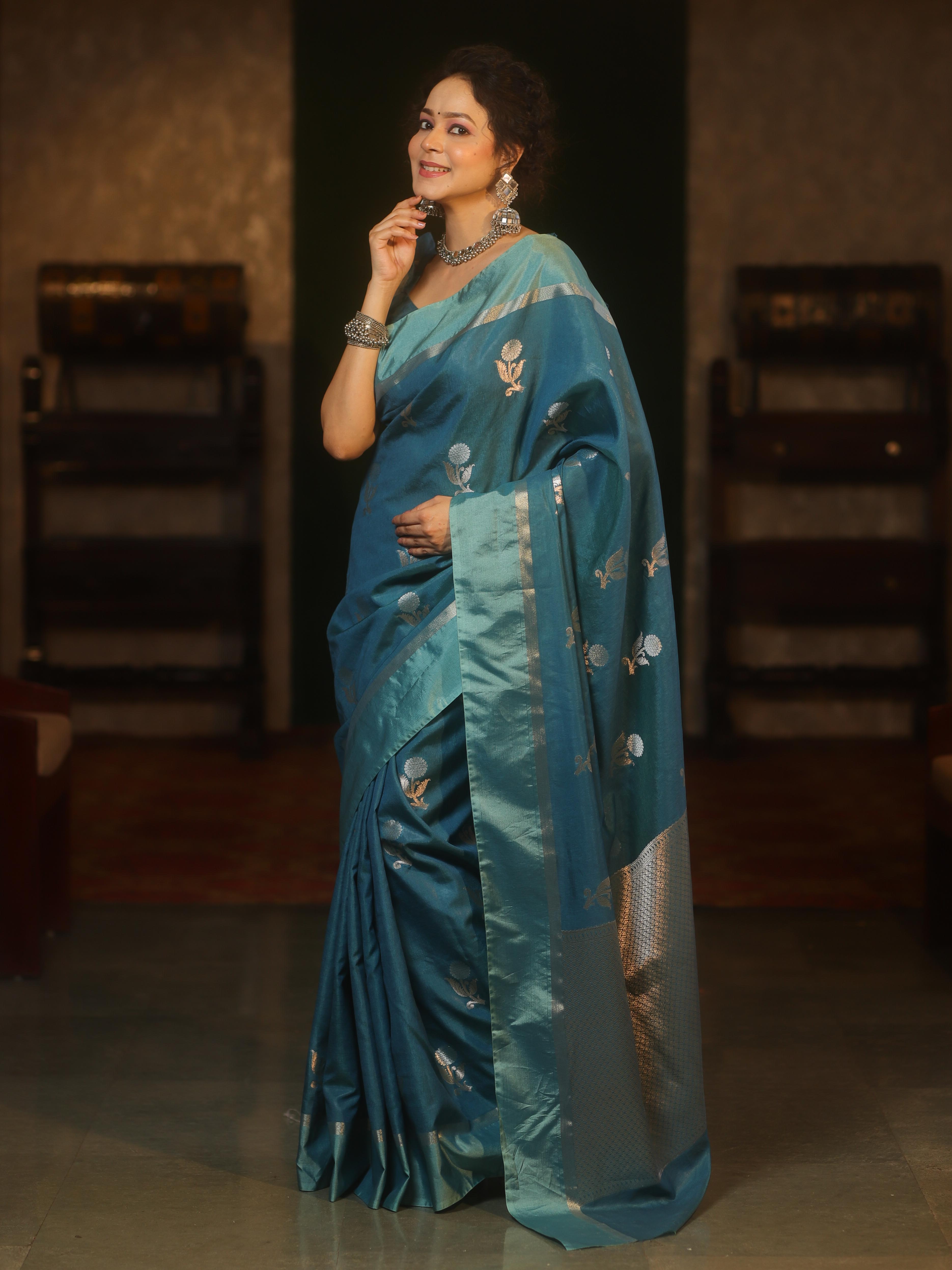 Banarasee Handwoven Semi Silk Saree With Sona Rupa Zari Buti Design-Cobalt Blue