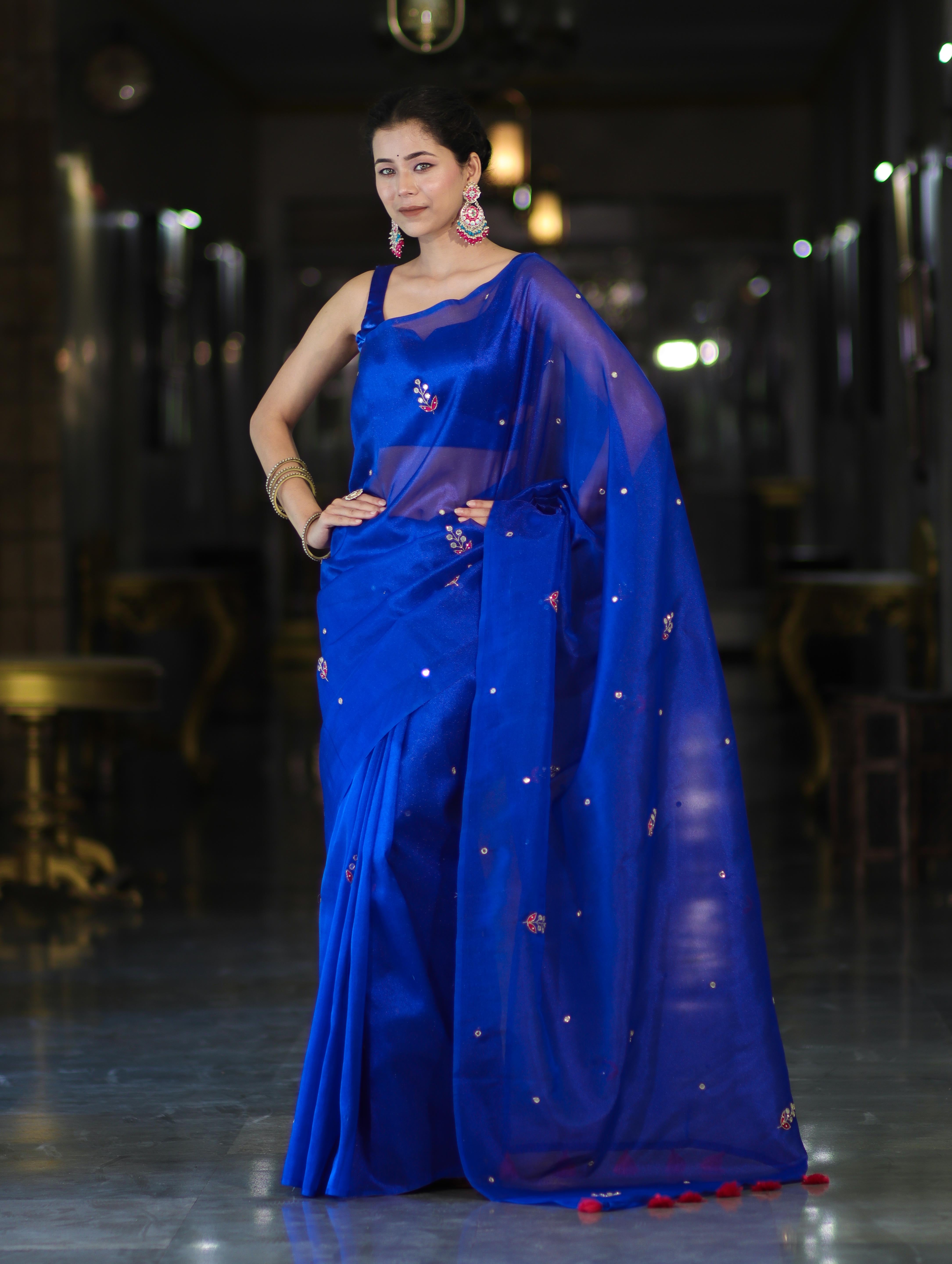 Banarasee Handwoven Tissue Saree With Floral Motifs & Mirror Work-Blue