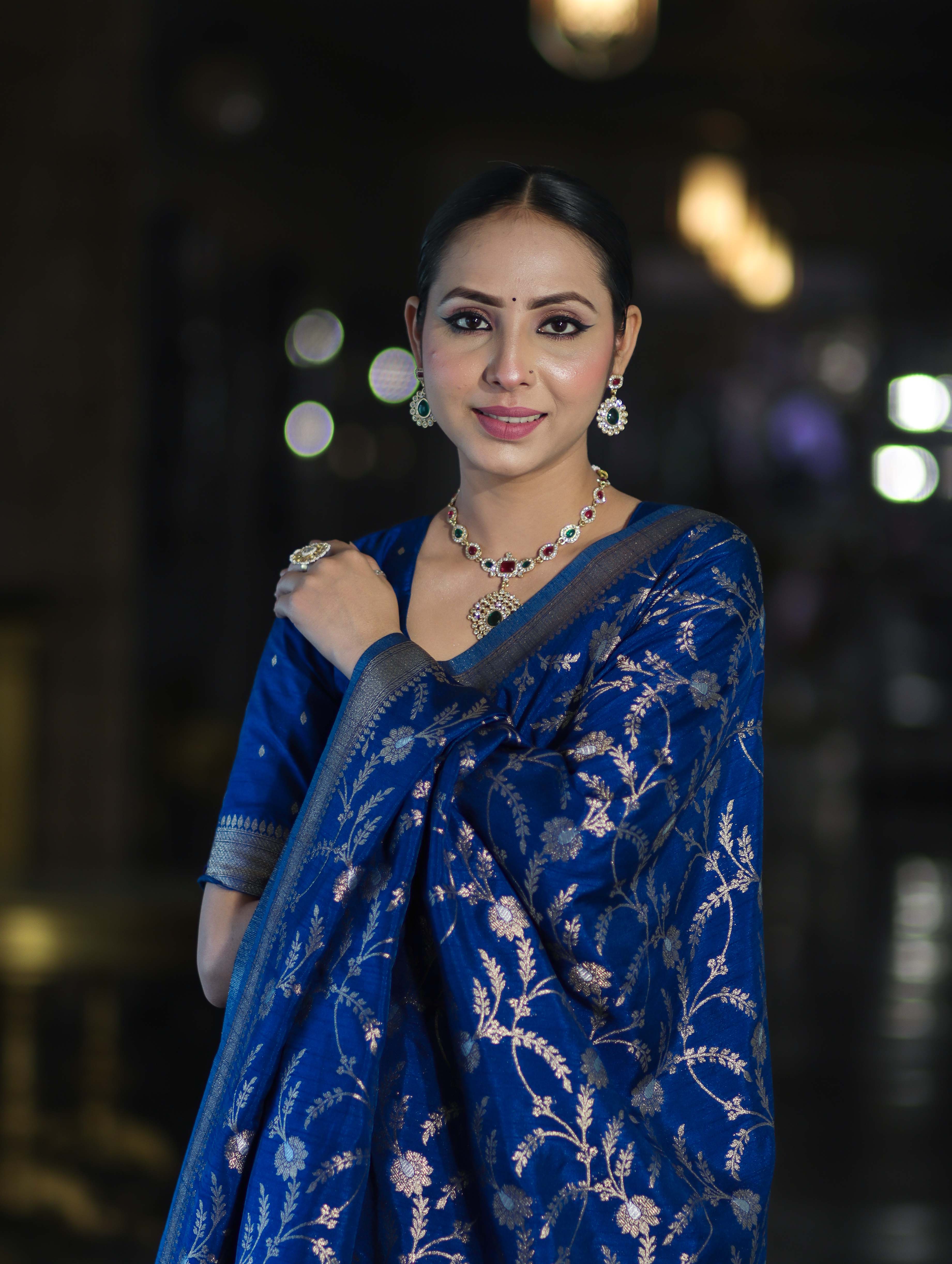 Banarasee Handloom Semi Silk Saree With Sona Rupa Zari Work & Border-Blue