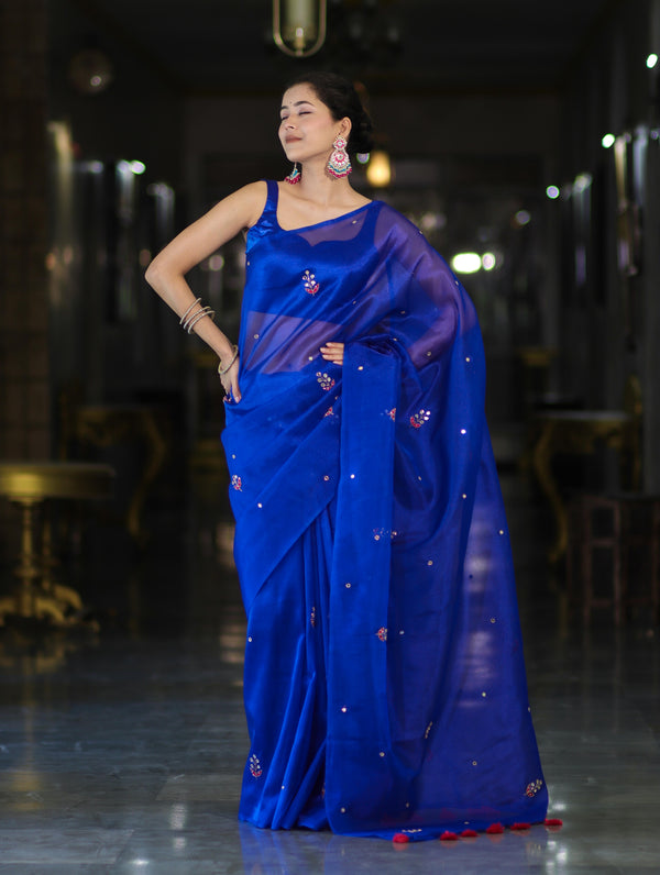Banarasee Handwoven Tissue Saree With Floral Motifs & Mirror Work-Blue
