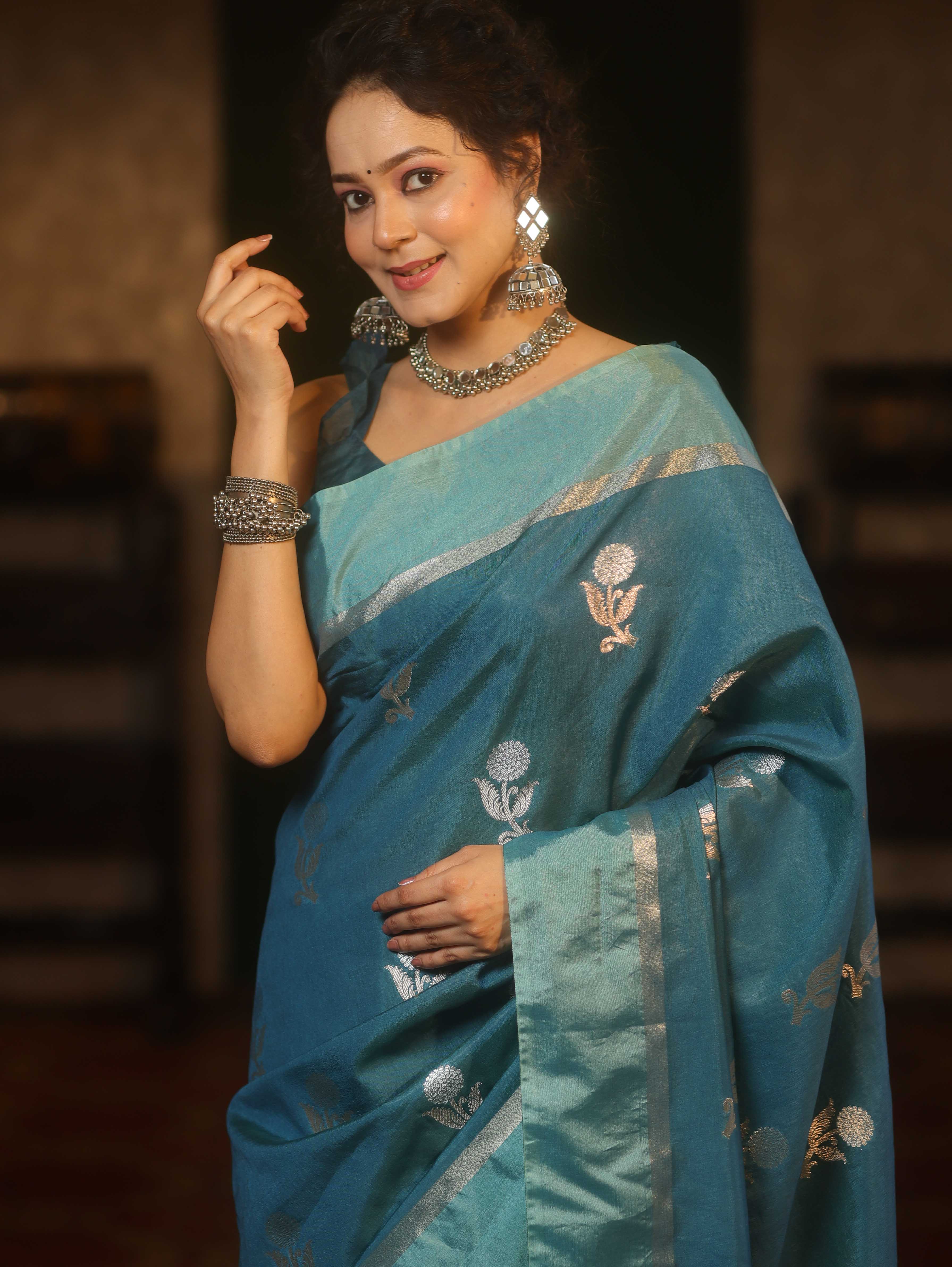 Banarasee Handwoven Semi Silk Saree With Sona Rupa Zari Buti Design-Cobalt Blue
