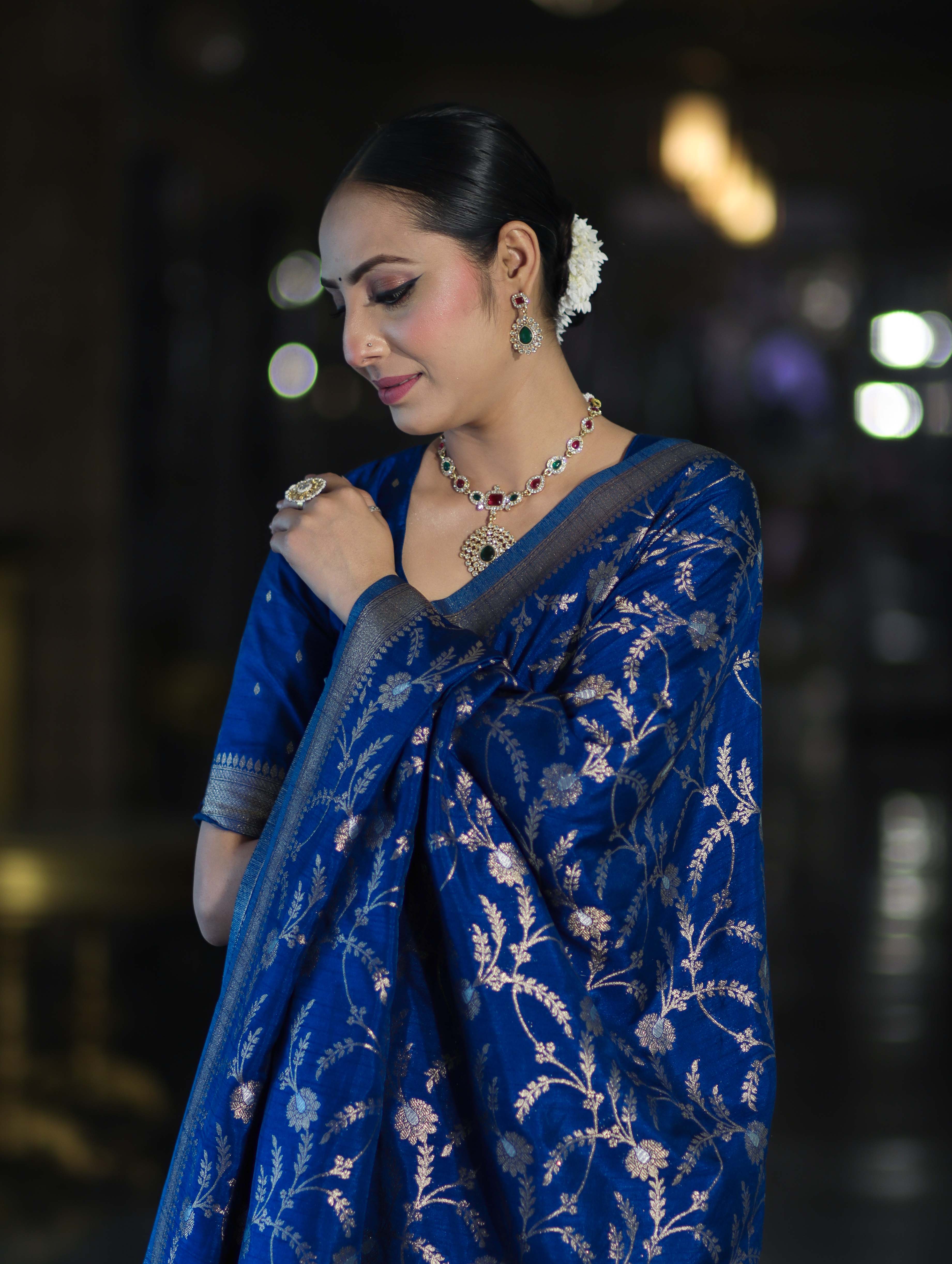 Banarasee Handloom Semi Silk Saree With Sona Rupa Zari Work & Border-Blue