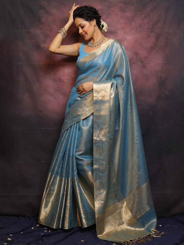 Banarasee Handwoven Plain Tissue Skirt Border Saree-Blue