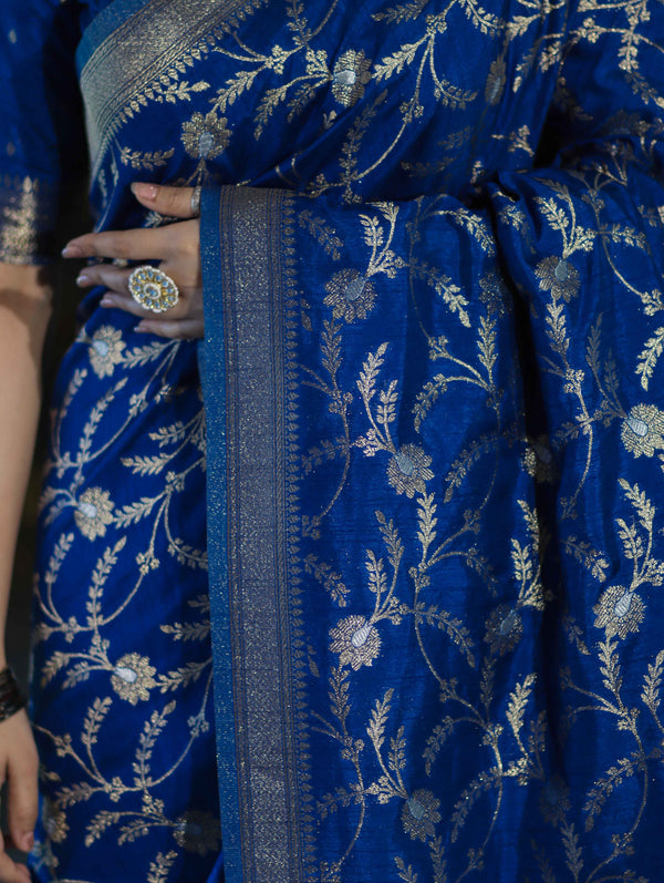 Banarasee Handloom Semi Silk Saree With Sona Rupa Zari Work & Border-Blue