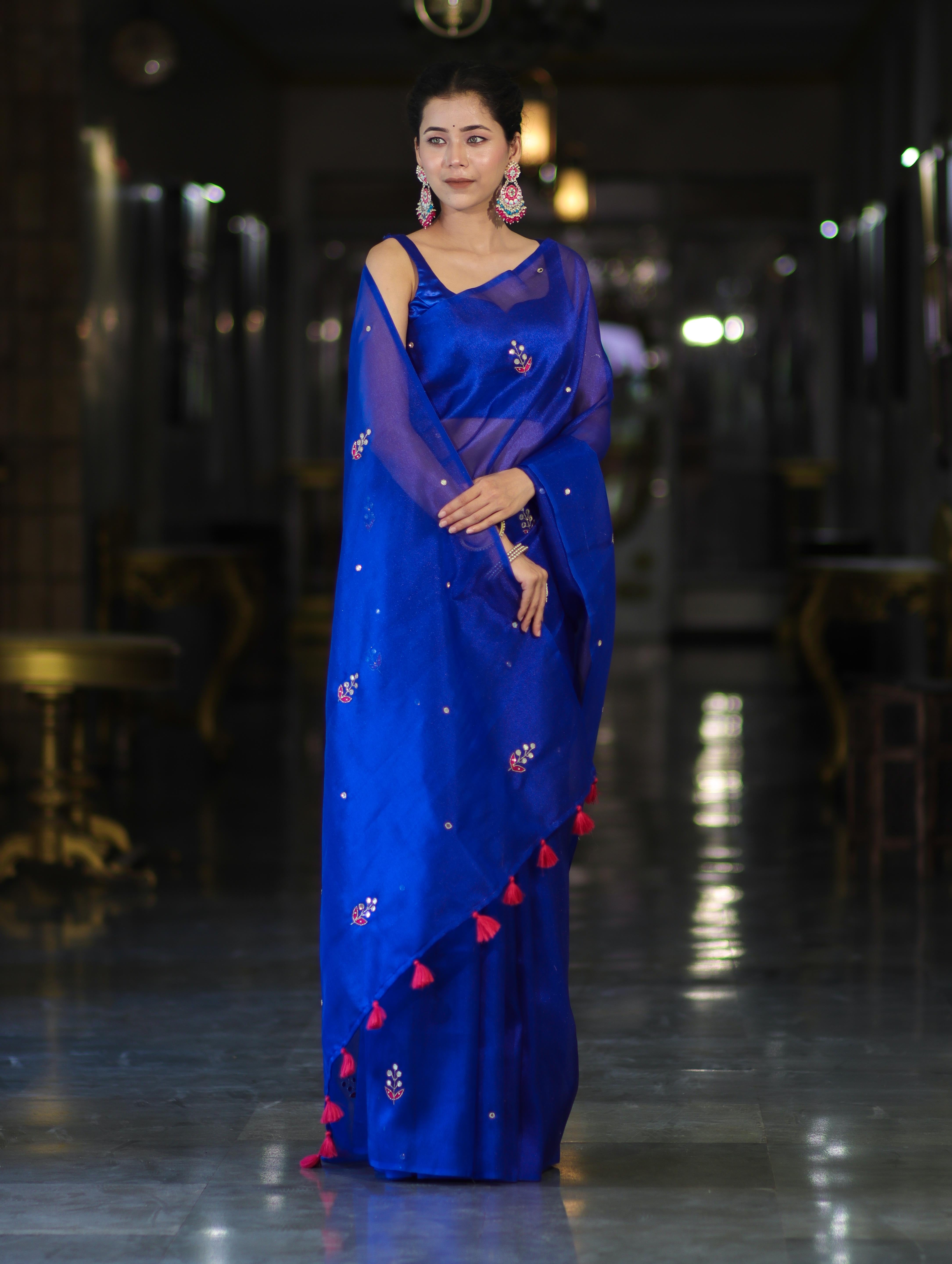 Banarasee Handwoven Tissue Saree With Floral Motifs & Mirror Work-Blue