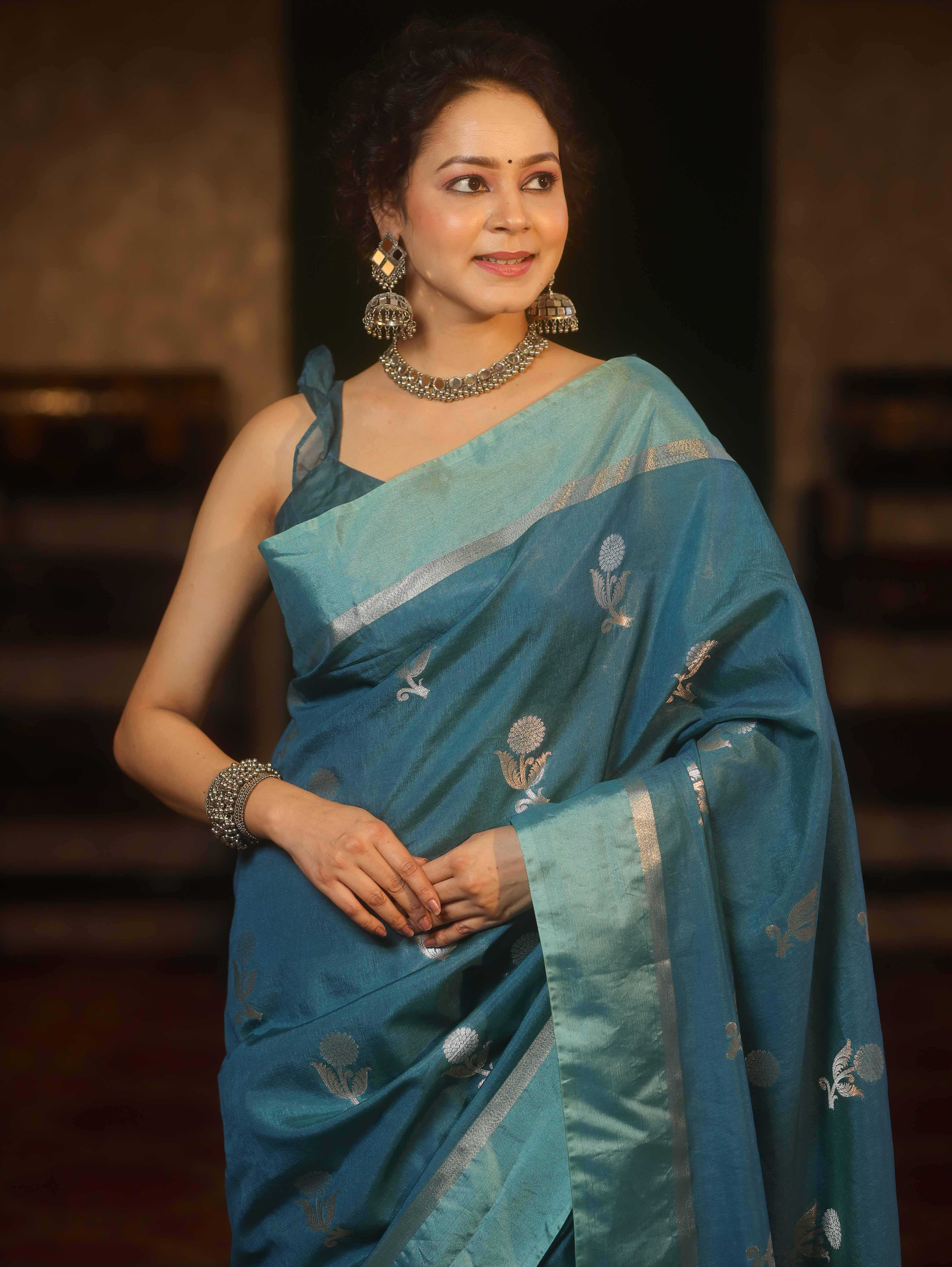 Banarasee Handwoven Semi Silk Saree With Sona Rupa Zari Buti Design-Cobalt Blue