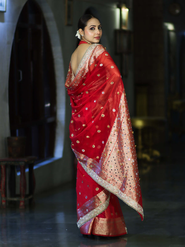 Banarasee Chiffon Hand Embroidered Saree With Mirror & Ghungroo Work-Red