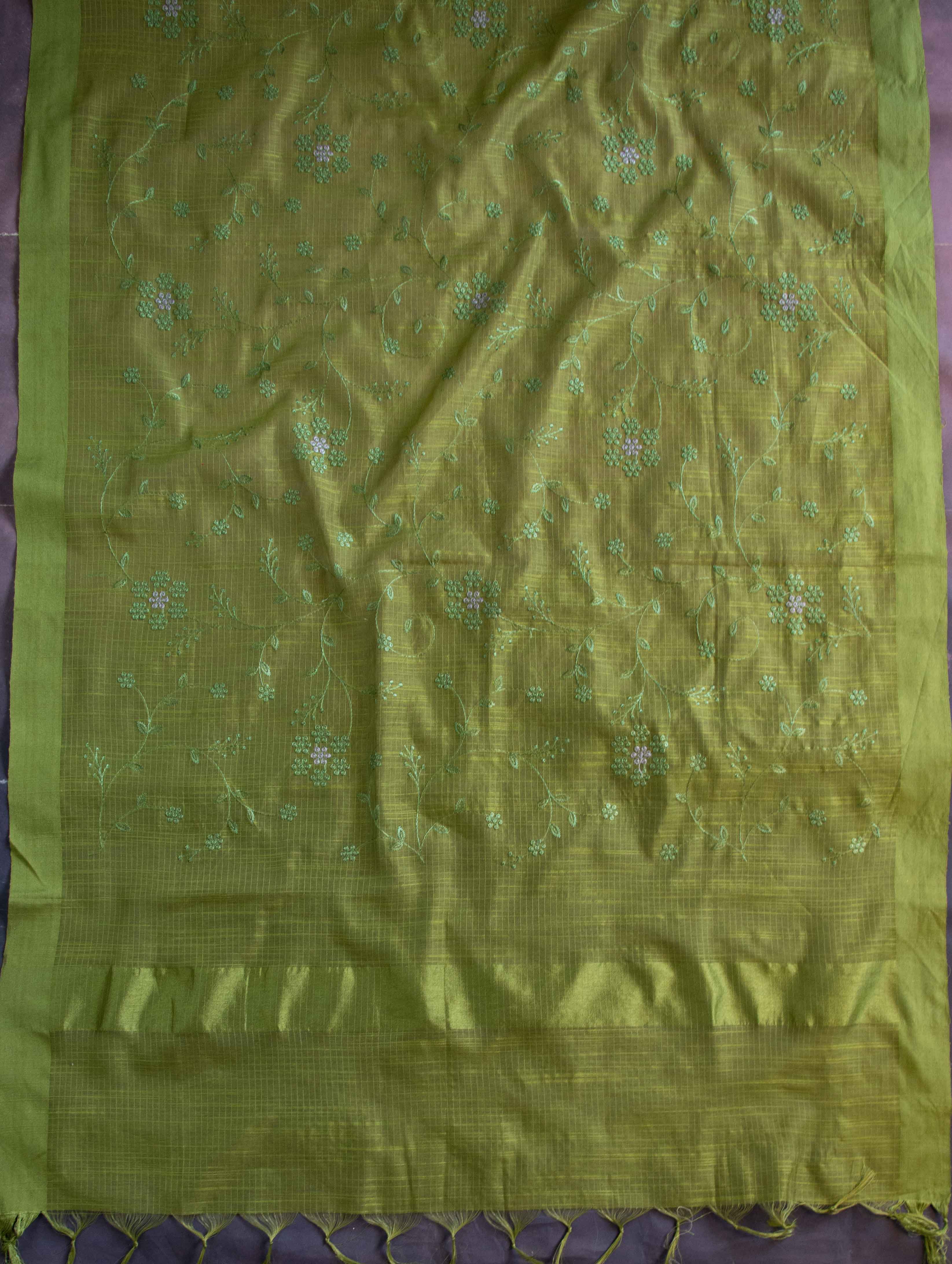 Banarasee Cotton Silk Embroidered Jaal Design Dupatta-Olive Green