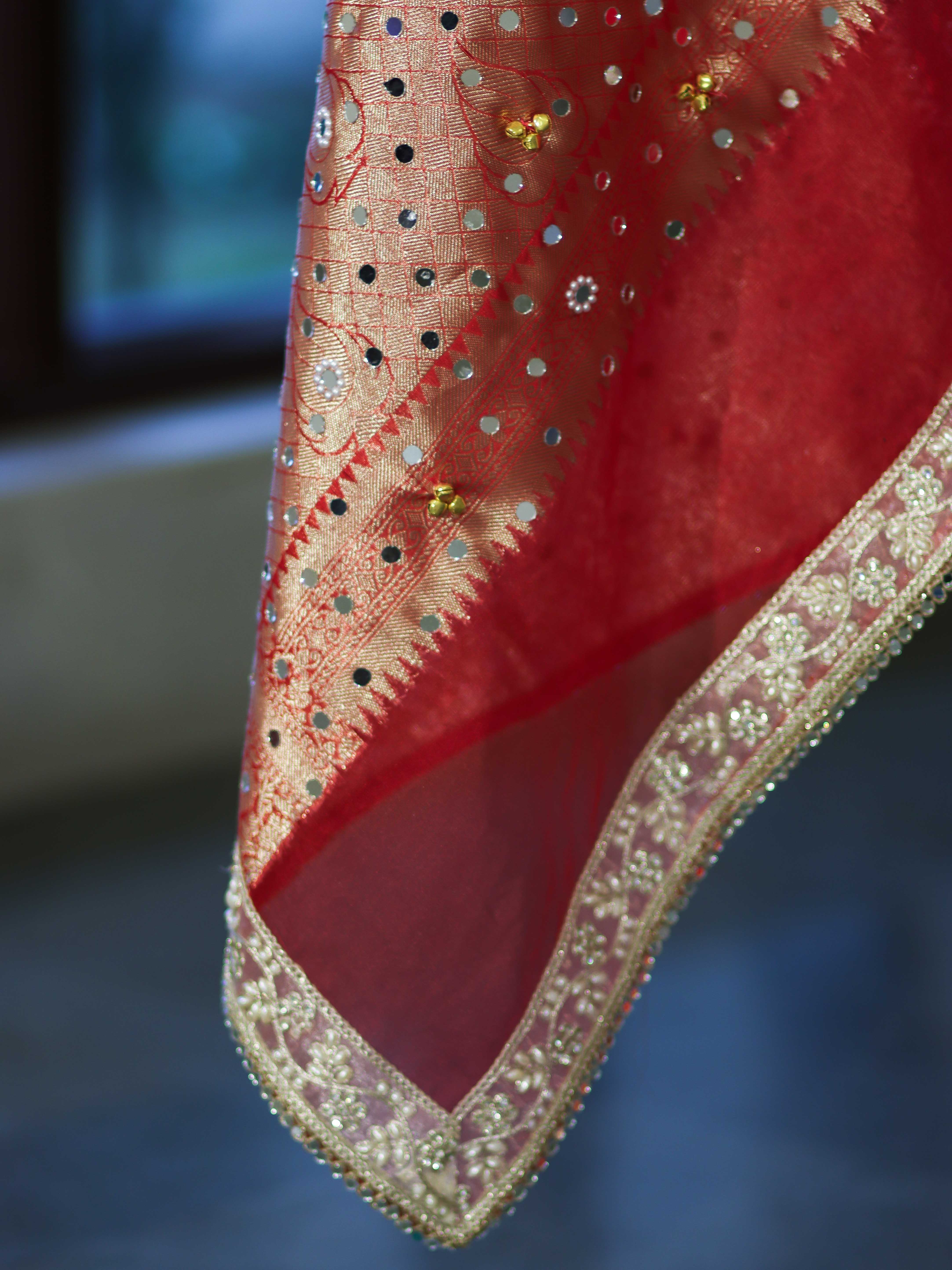 Banarasee Chiffon Hand Embroidered Saree With Mirror & Ghungroo Work-Red