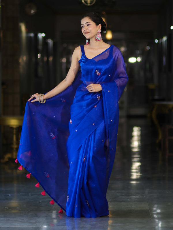 Banarasee Handwoven Tissue Saree With Floral Motifs & Mirror Work-Blue
