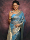 Banarasee Handwoven Plain Tissue Skirt Border Saree-Blue