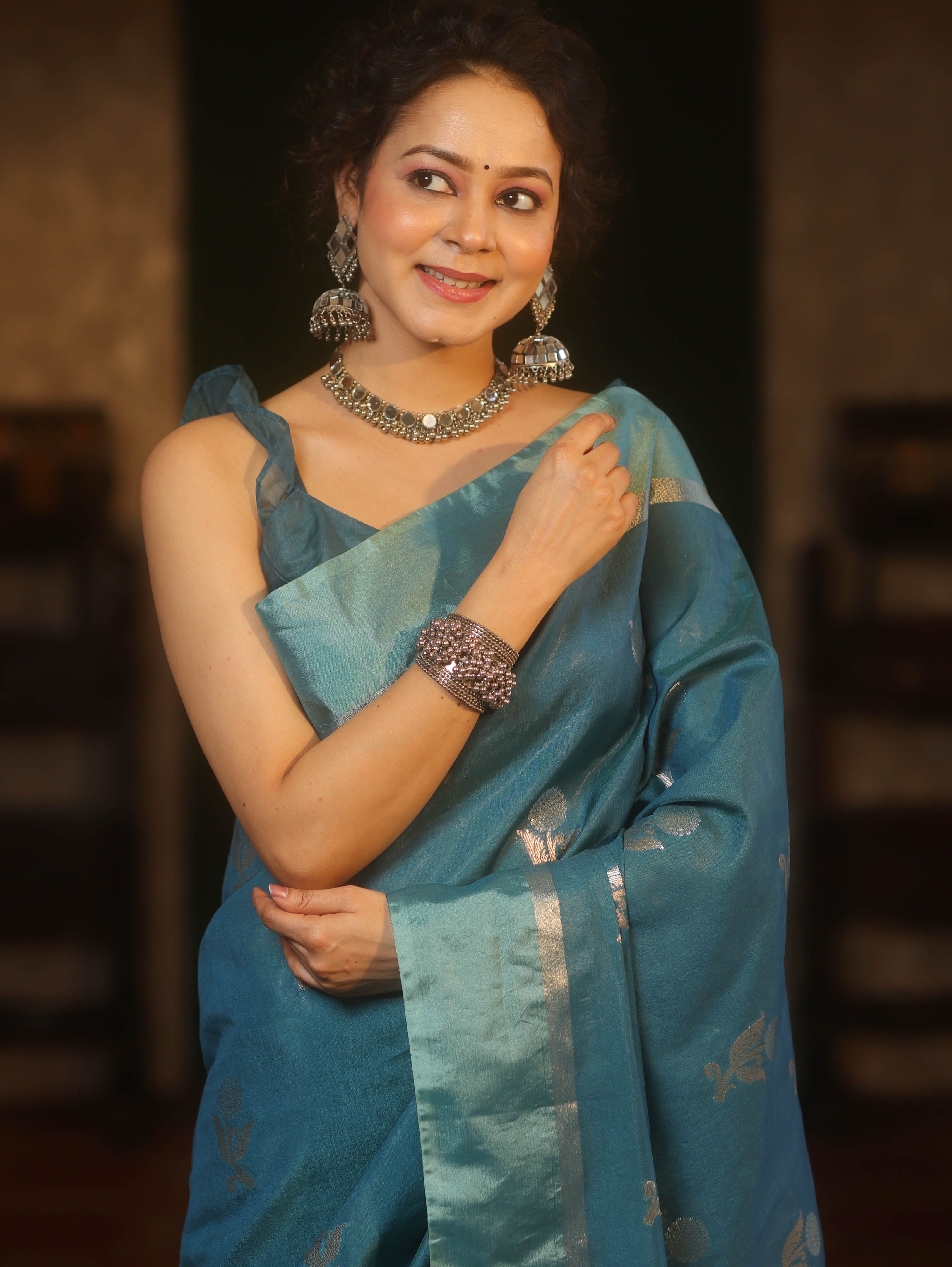 Banarasee Handwoven Semi Silk Saree With Sona Rupa Zari Buti Design-Cobalt Blue