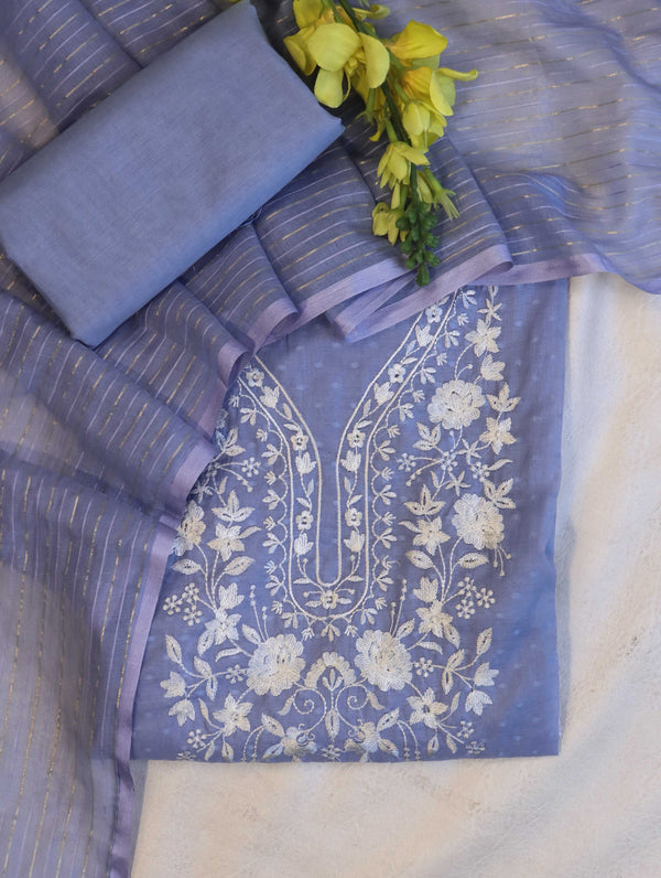 Banarasee Semi-Stitched Mul Cotton Salwar Kameez Set With Cotton Silk Dupatta-Light Blue