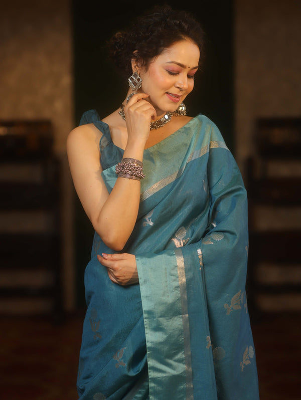 Banarasee Handwoven Semi Silk Saree With Sona Rupa Zari Buti Design-Cobalt Blue