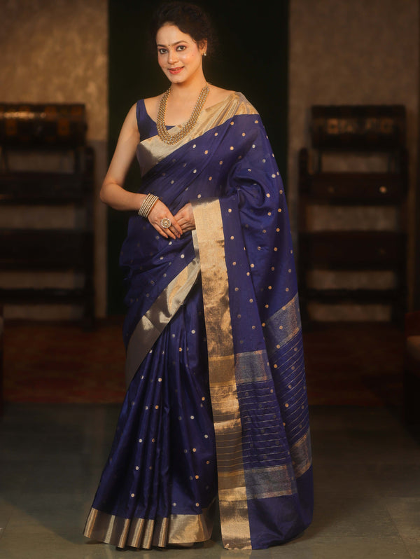 Banarasee Handwoven Semi Silk Saree With Zari Buti Design-Blue