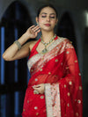 Banarasee Chiffon Hand Embroidered Saree With Mirror & Ghungroo Work-Red