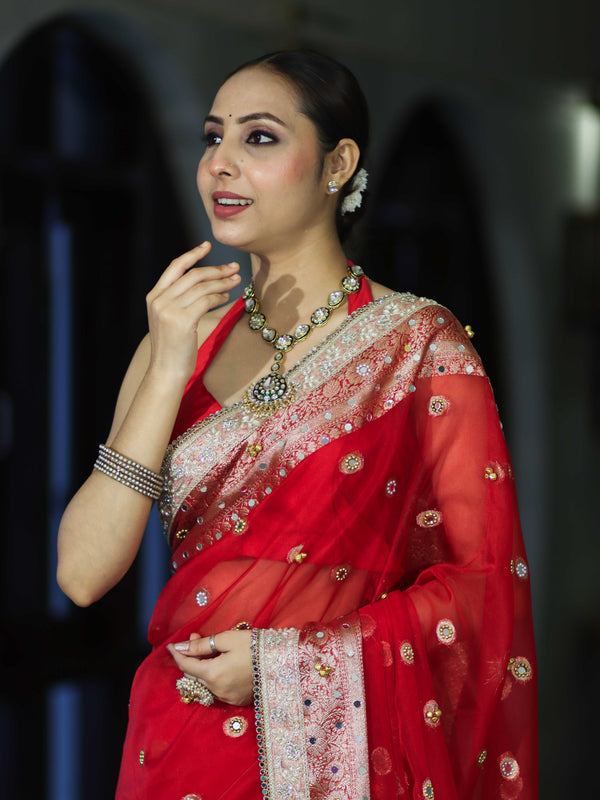 Banarasee Chiffon Hand Embroidered Saree With Mirror & Ghungroo Work-Red