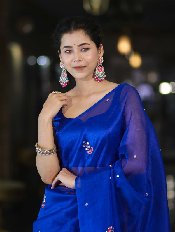 Banarasee Handwoven Tissue Saree With Floral Motifs & Mirror Work-Blue