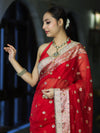 Banarasee Chiffon Hand Embroidered Saree With Mirror & Ghungroo Work-Red
